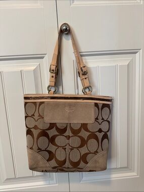 Coach Signature Canvas Brown Tote with Neutral Leather Trim and beading